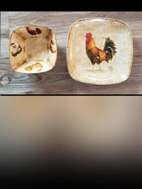 222 Fifth Rustic Rooster Fine China Plate/Bowl Set New Condition Country Chicken